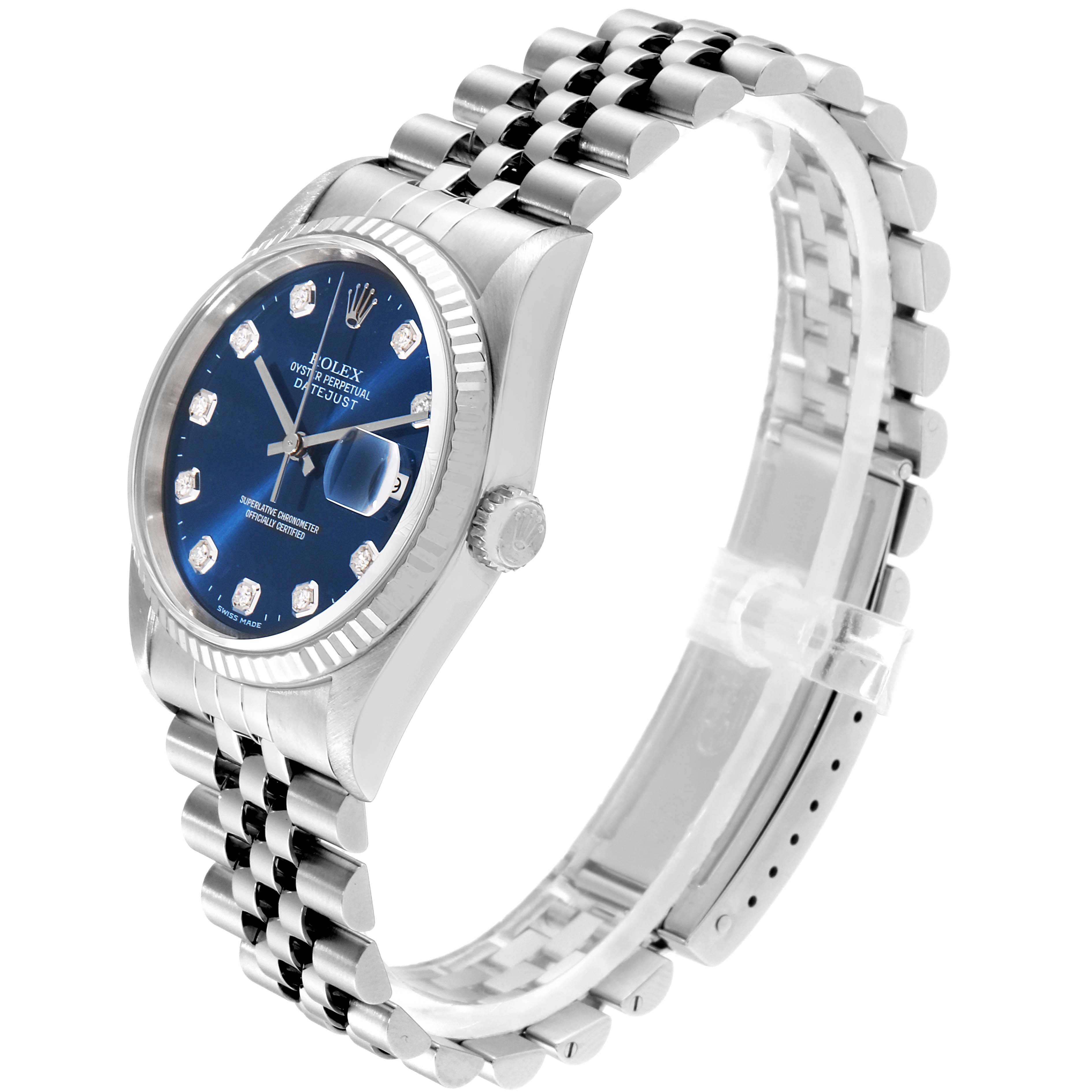 This image shows a Rolex Datejust 16234 Men's Stainless Steel Blue Dial 16234 Men's Stainless Steel Blue Dial watch at an angled side view, highlighting its blue dial, diamond hour markers, and jubilee bracelet.