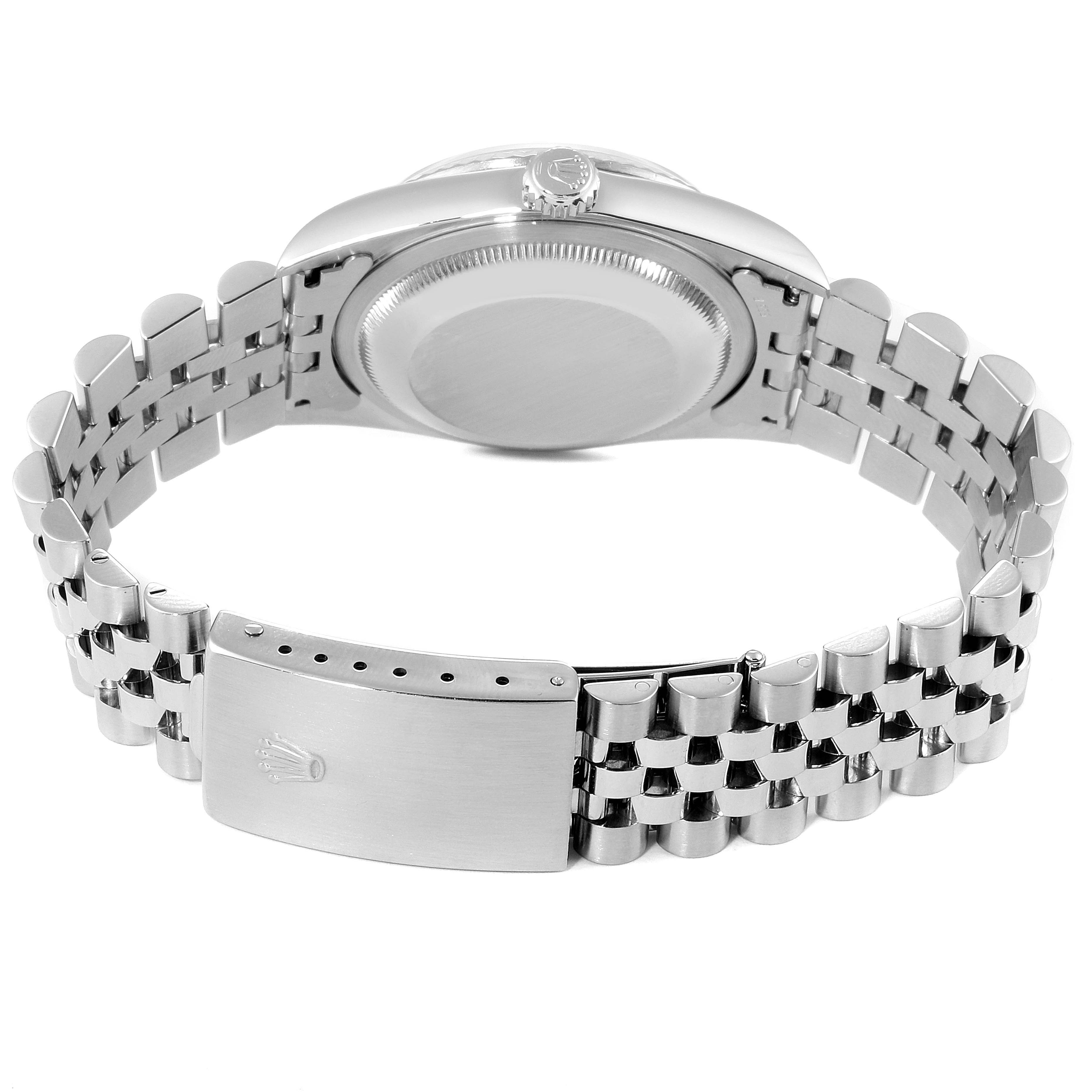 The image shows the back view of a Rolex Datejust 16234 Men's Stainless Steel Blue Dial 16234 Men's Stainless Steel Blue Dial watch, highlighting the case back, crown, and Jubilee bracelet with clasp.