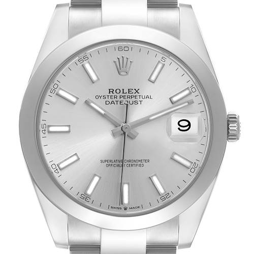 This image shows a front view of a Rolex Datejust 41 126300 Men's Stainless Steel Silver Dial 126300 Men's Stainless Steel Silver Dial watch, highlighting its dial, bezel, and part of the bracelet.
