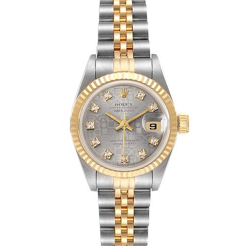 This image shows the front view of a Rolex Datejust 69173 Women's Steel and Gold (two tone) Grey Dial 69173 Women's Steel and Gold (two tone) Grey Dial watch, displaying the face, bezel, and bracelet.