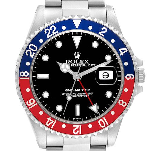 The image shows the face of a Rolex GMT-Master 16700 Men's Stainless Steel Black Dial 16700 Men's Stainless Steel Black Dial watch, highlighting the bezel, dial, hands, and date window.