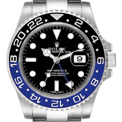 The image shows a frontal view of the Rolex GMT-Master 116710 Men's Stainless Steel Black Dial 116710 Men's Stainless Steel Black Dial II watch, highlighting its bezel, dial, and crown.
