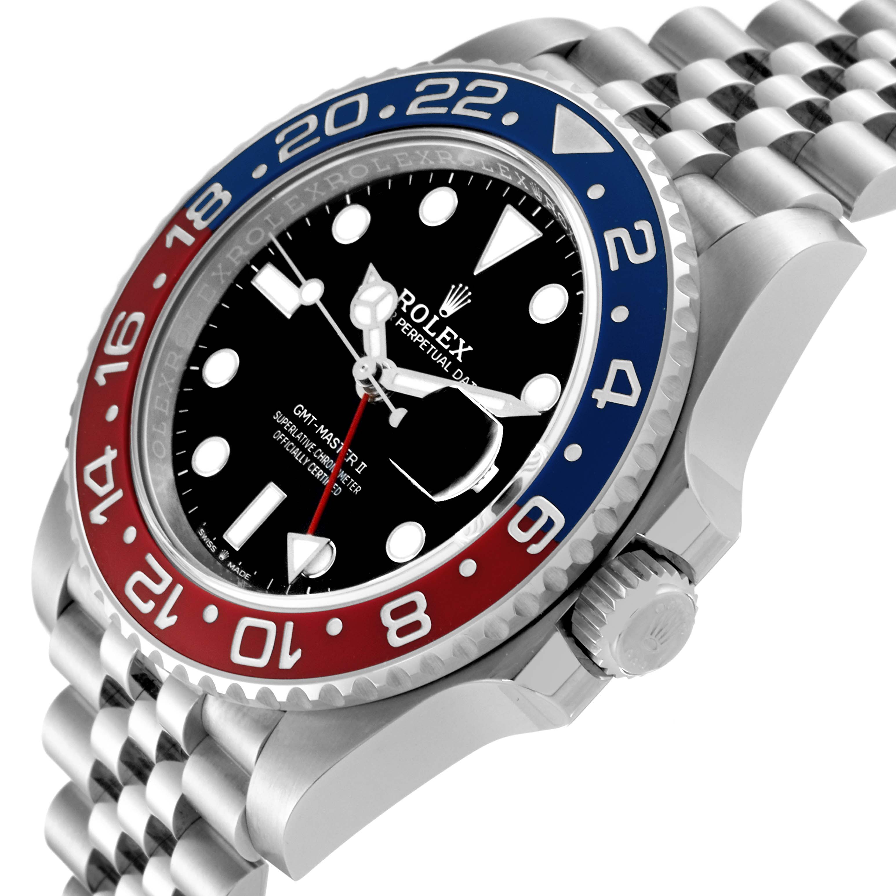 The image shows a side profile angle of a Rolex GMT-Master 126710BLRO Men's Stainless Steel Black Dial 126710BLRO Men's Stainless Steel Black Dial watch, highlighting the bezel, dial, crown, and bracelet.