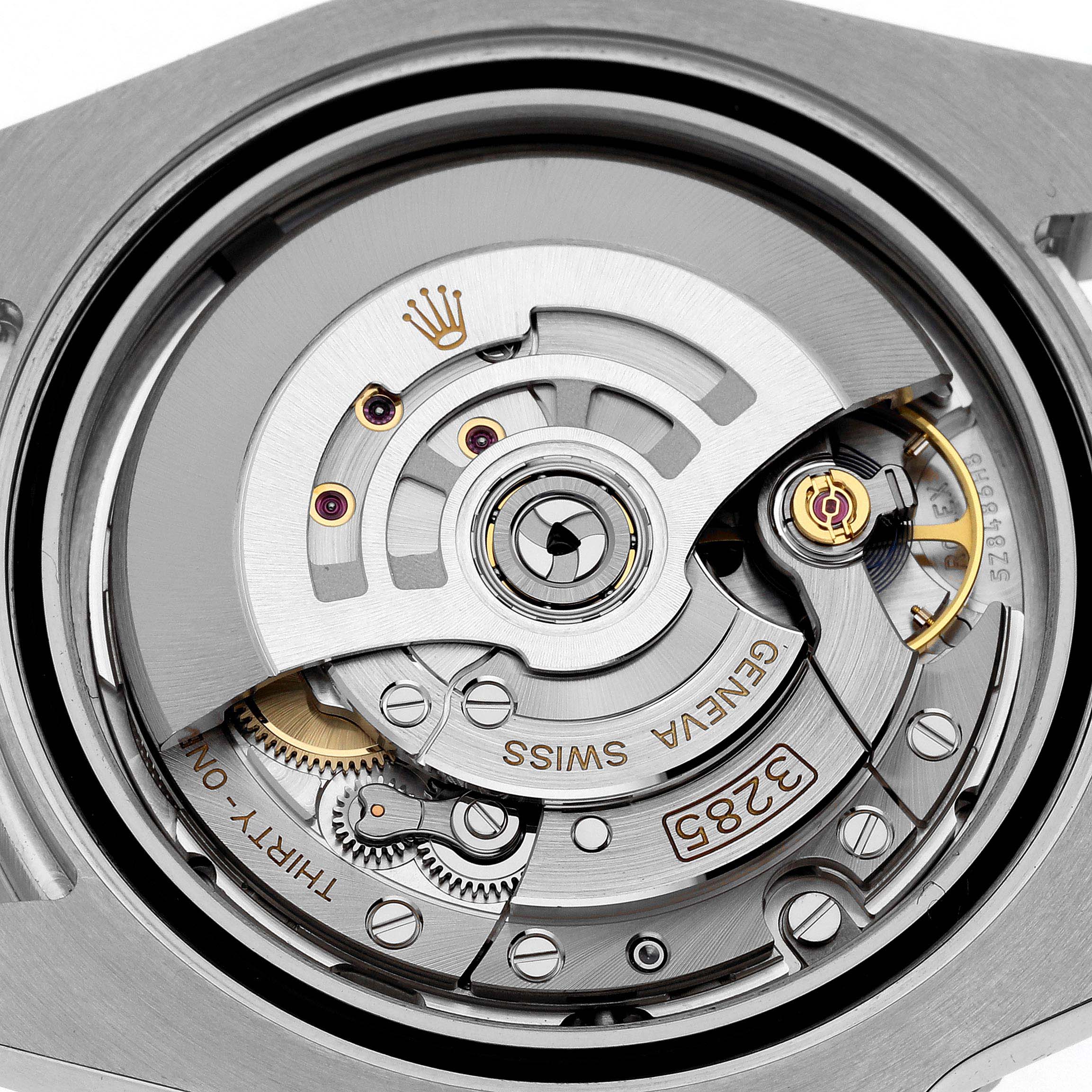 This image shows a close-up view of the Rolex GMT-Master 126710BLRO Men's Stainless Steel Black Dial 126710BLRO Men's Stainless Steel Black Dial movement and inner mechanisms.