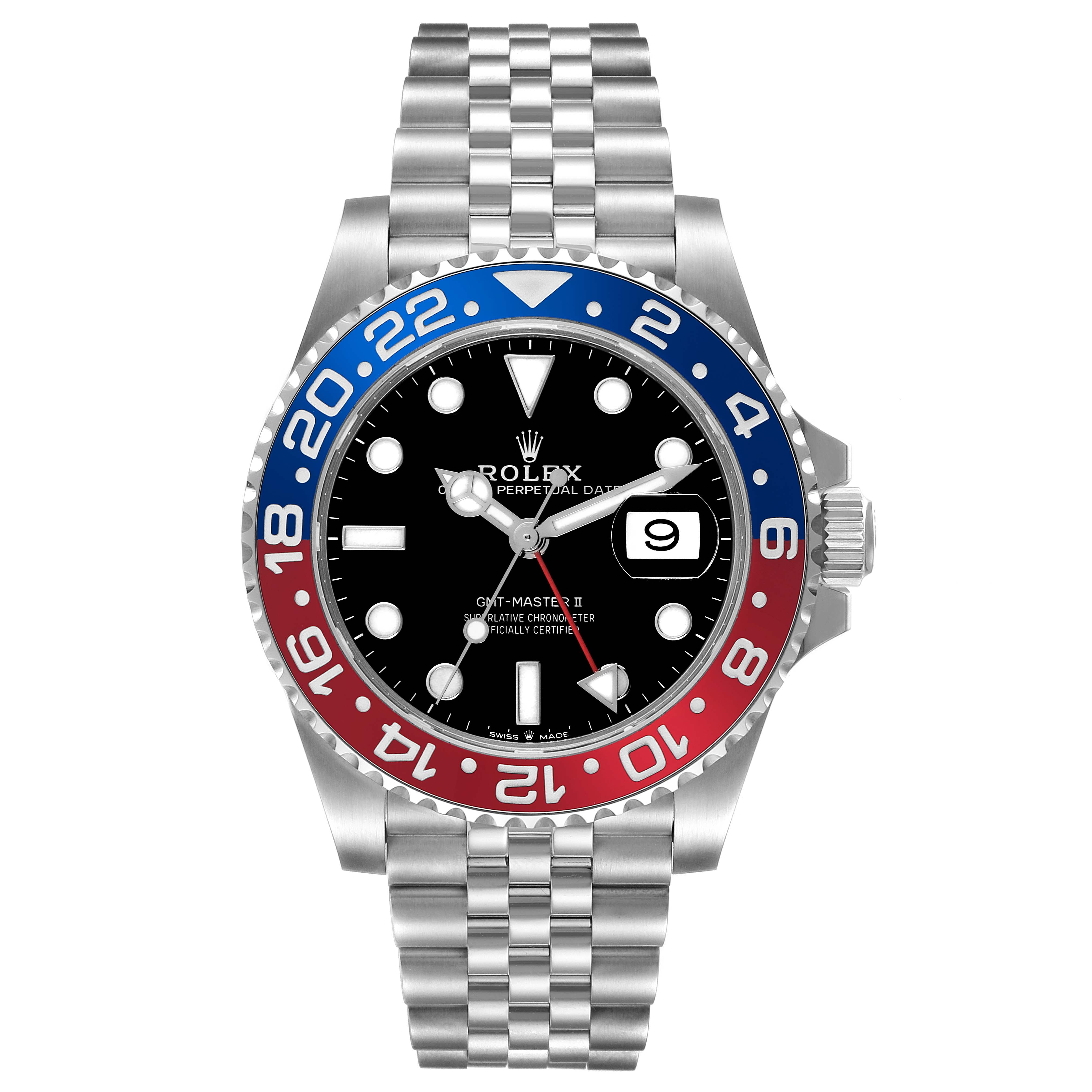 This Rolex GMT-Master 126710BLRO Men's Stainless Steel Black Dial 126710BLRO Men's Stainless Steel Black Dial watch is shown from a front angle, displaying the dial, bezel, hands, crown, and bracelet.