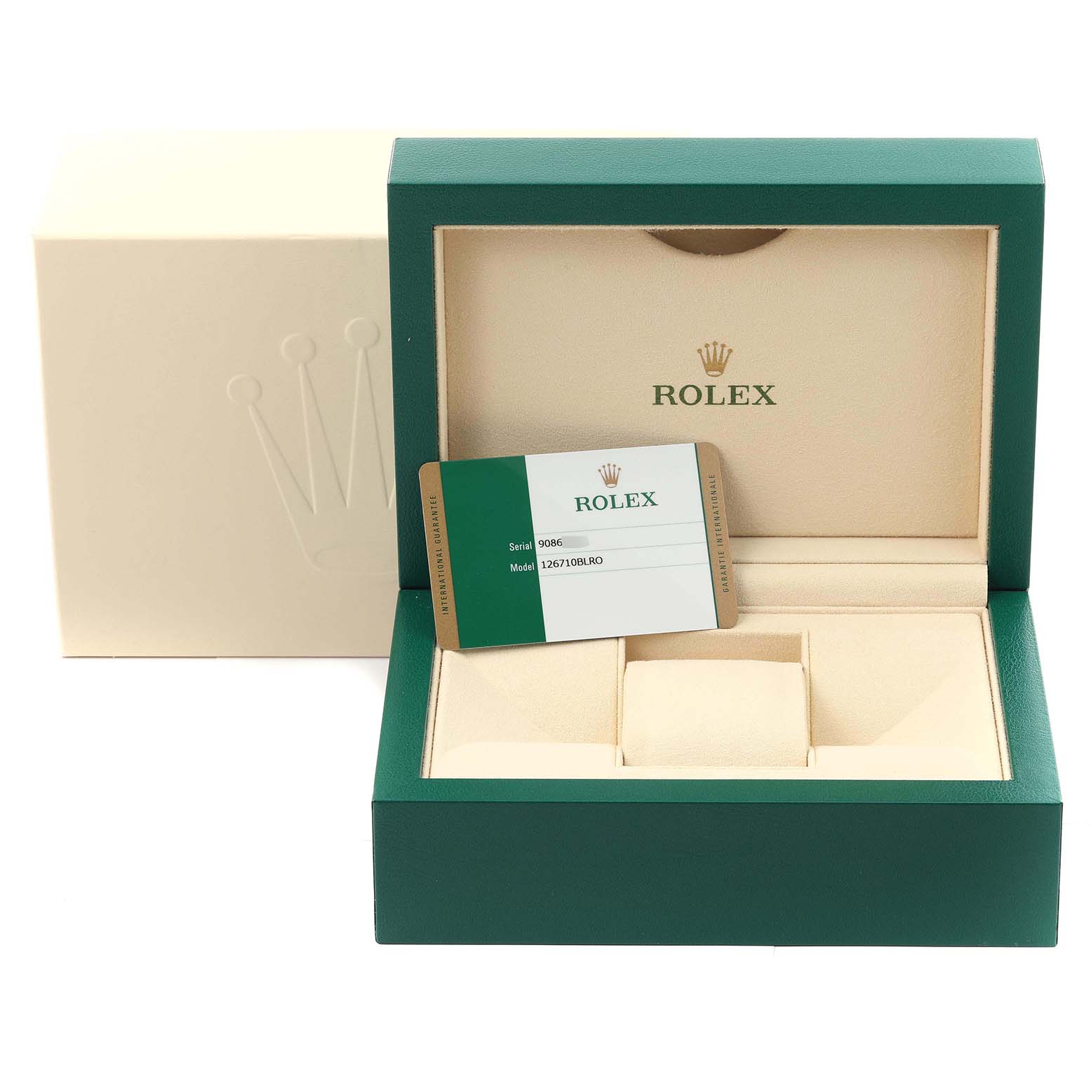 Open Rolex GMT-Master 126710BLRO Men's Stainless Steel Black Dial 126710BLRO Men's Stainless Steel Black Dial watch box with a warranty card inside, showing the interiors and slots for the watch.