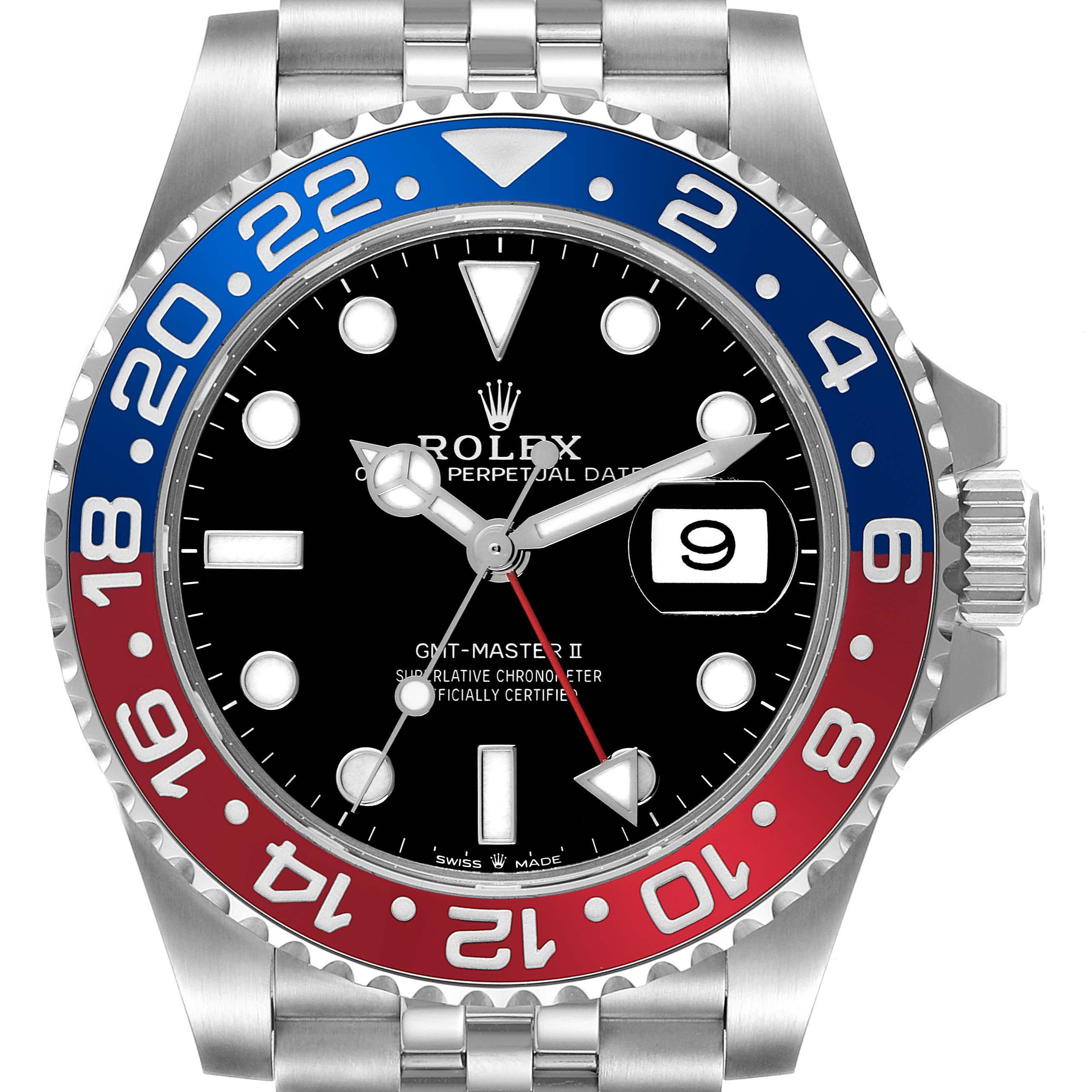 The image shows a front view of the Rolex GMT-Master 126710BLRO Men's Stainless Steel Black Dial 126710BLRO Men's Stainless Steel Black Dial II watch with a red and blue bezel and black dial.