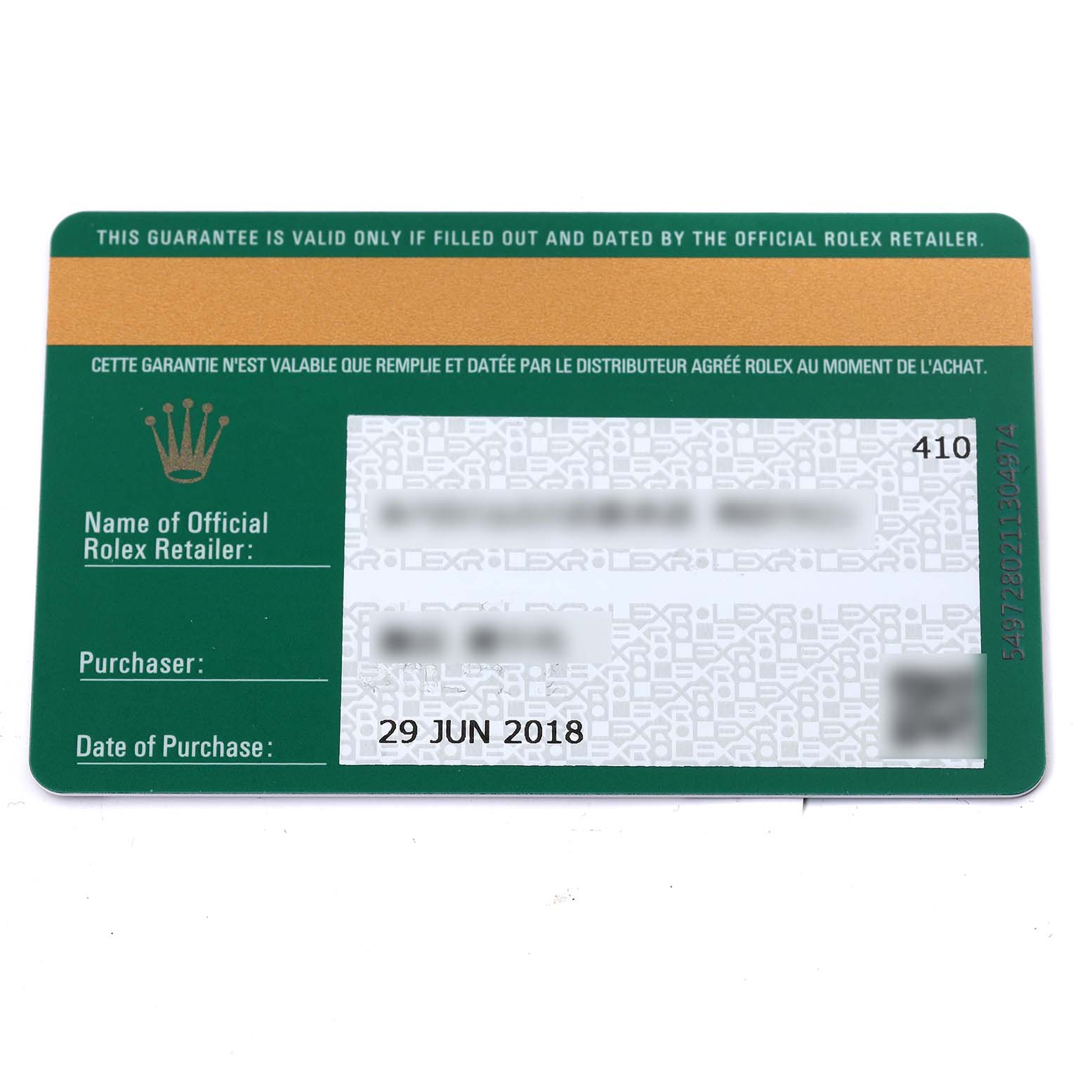 This image shows the warranty card for a Rolex GMT-Master 126710BLRO Men's Stainless Steel Black Dial 126710BLRO Men's Stainless Steel Black Dial, displaying purchase details and official retailer information.