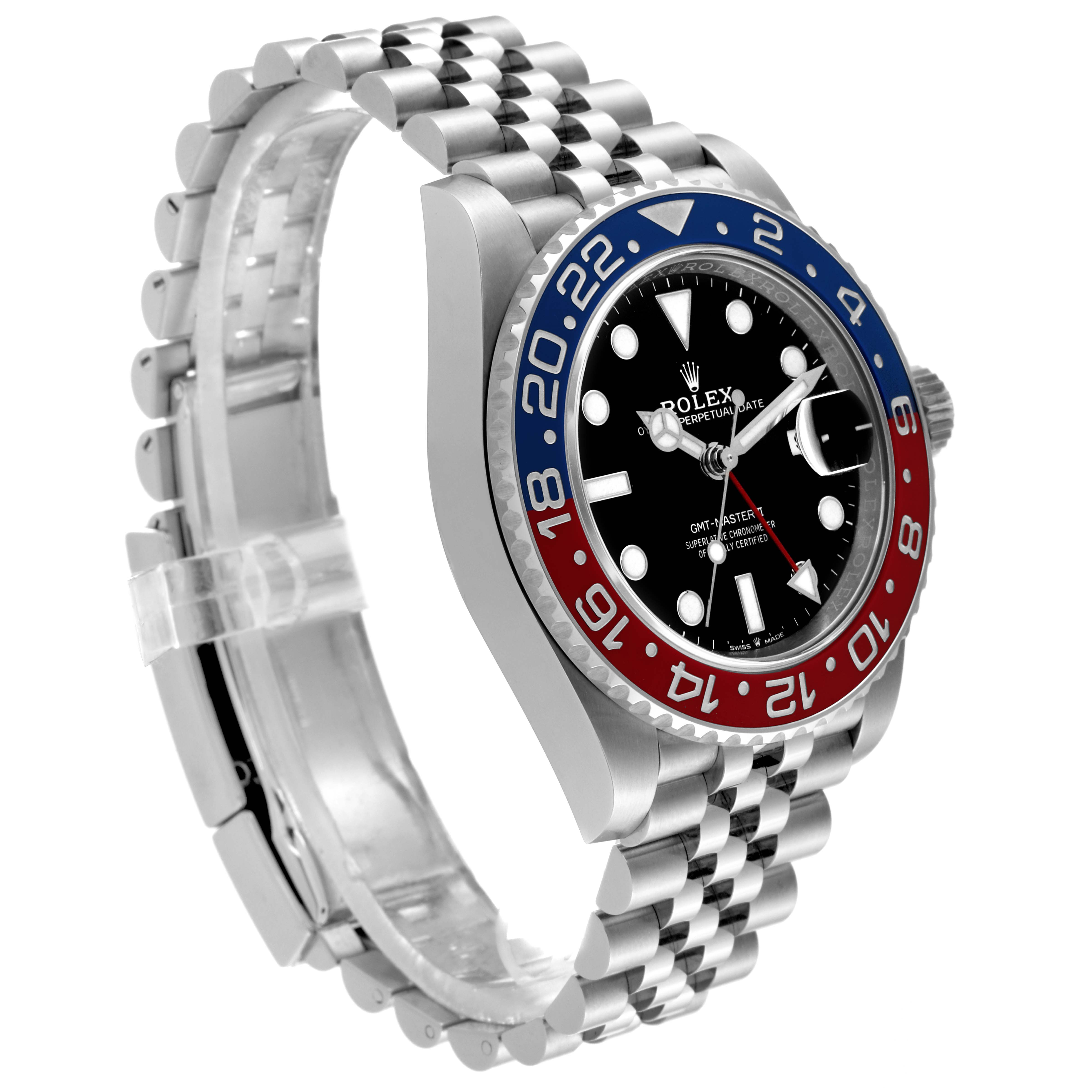 The image shows a side angle of a Rolex GMT-Master 126710BLRO Men's Stainless Steel Black Dial 126710BLRO Men's Stainless Steel Black Dial watch, highlighting its Jubilee bracelet and the "Pepsi" red and blue bezel.