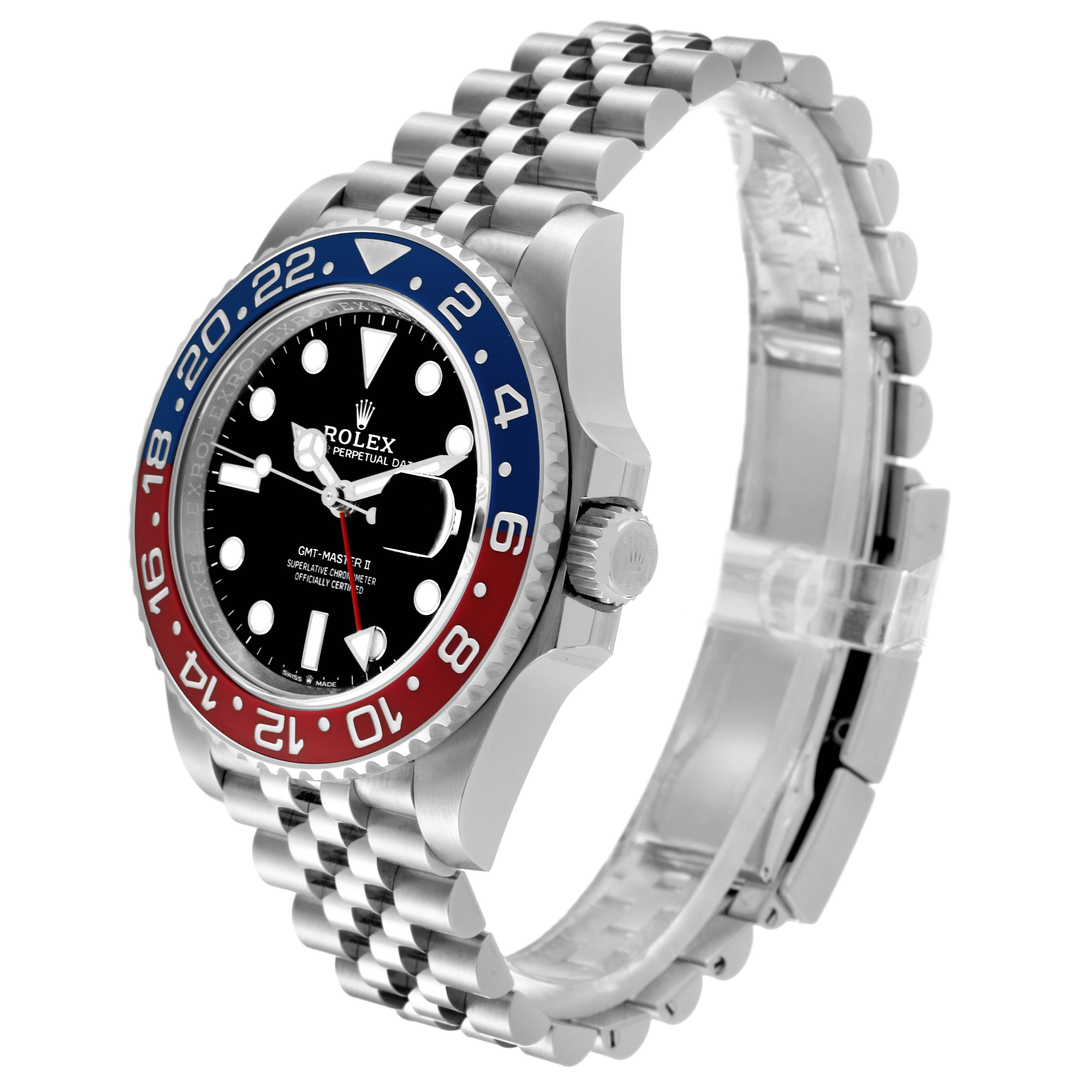The image shows an angled side view of the Rolex GMT-Master 126710BLRO Men's Stainless Steel Black Dial 126710BLRO Men's Stainless Steel Black Dial watch, displaying the face, bezel, case, and part of the bracelet.