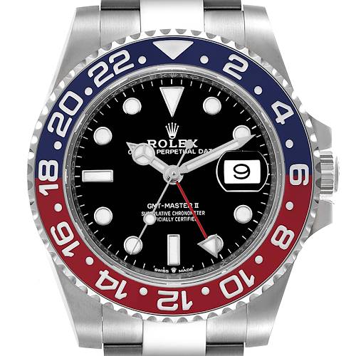 A front view of a Rolex GMT-Master 126710 Men's Stainless Steel Black Dial 126710 Men's Stainless Steel Black Dial II watch showing the bezel, face, hour markers, hands, and date display.