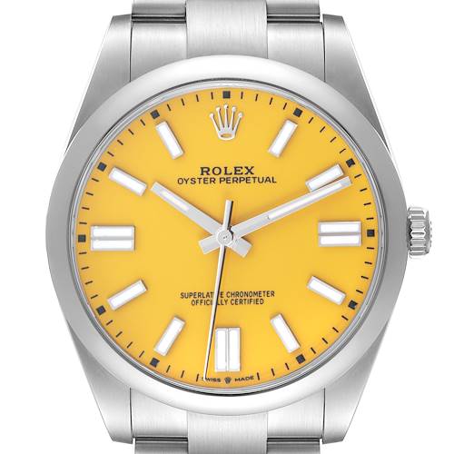 The image shows a front view of a Rolex Oyster Perpetual 124300 Men's Stainless Steel Yellow Dial 124300 Men's Stainless Steel Yellow Dial watch featuring a yellow dial and silver bracelet.