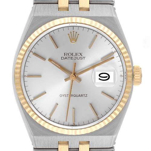 The image shows a front view of a Rolex Oysterquartz 17013 Men's Steel and Gold (two tone) Silver Dial 17013 Men's Steel and Gold (two tone) Silver Dial Datejust watch, highlighting the dial, hands, bezel, crown, and part of the bracelet.