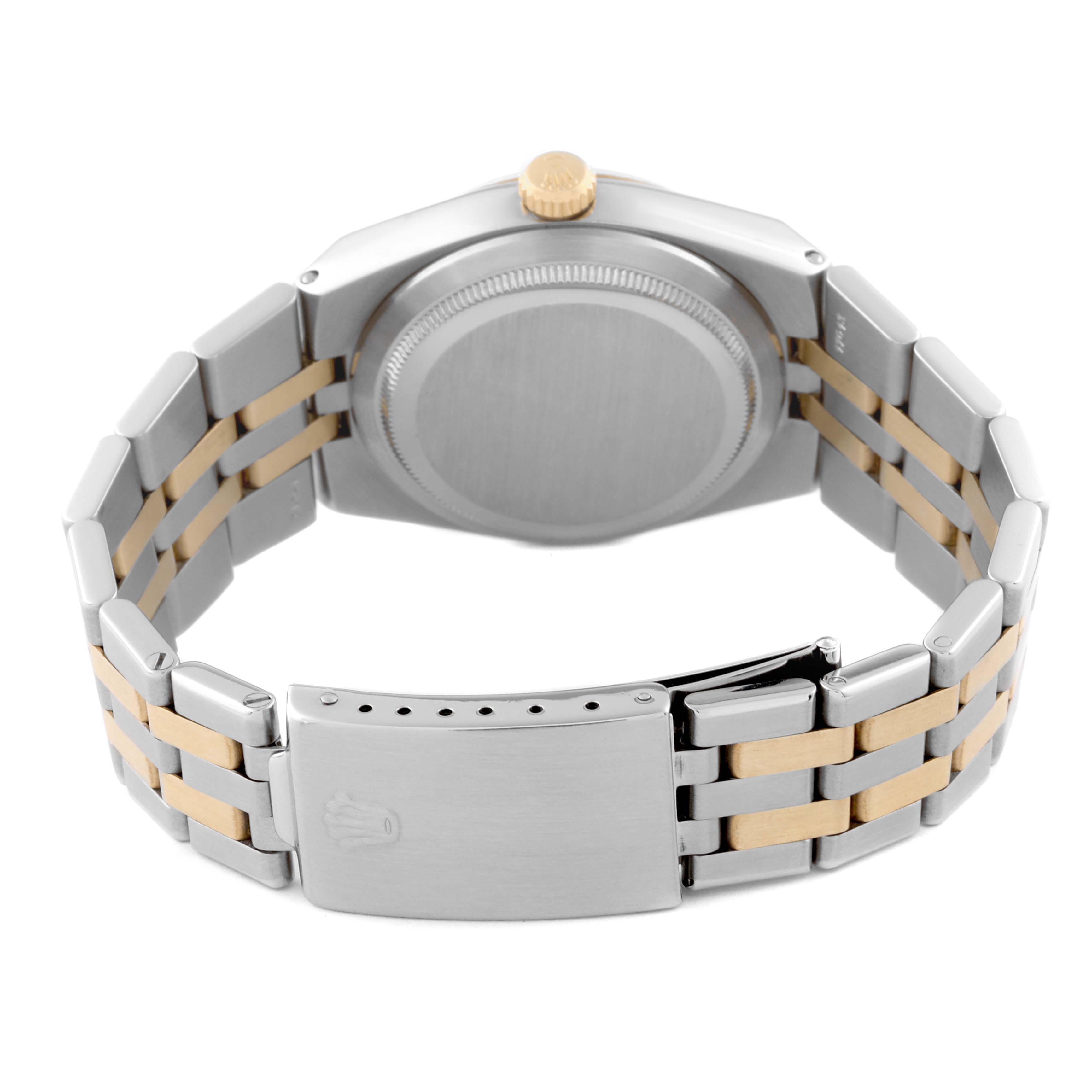 The image shows the back of the Rolex Oysterquartz 17013 Men's Steel and Gold (two tone) Blue Dial 17013 Men's Steel and Gold (two tone) Blue Dial watch, including the case back, crown, and bracelet with a two-tone design.