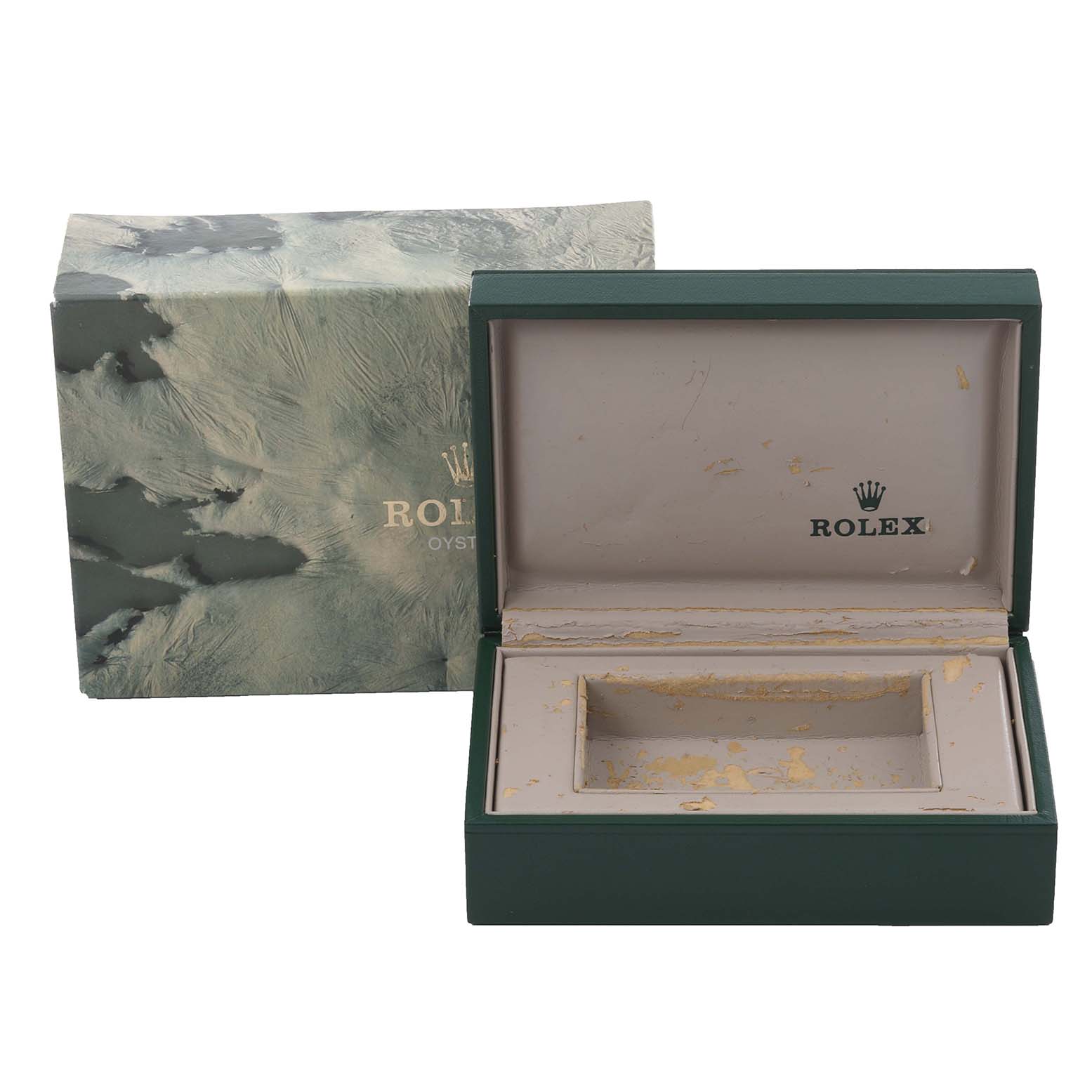 The image shows an open and empty Rolex Oysterquartz 17013 Men's Steel and Gold (two tone) Blue Dial 17013 Men's Steel and Gold (two tone) Blue Dial watch box and its outer packaging.
