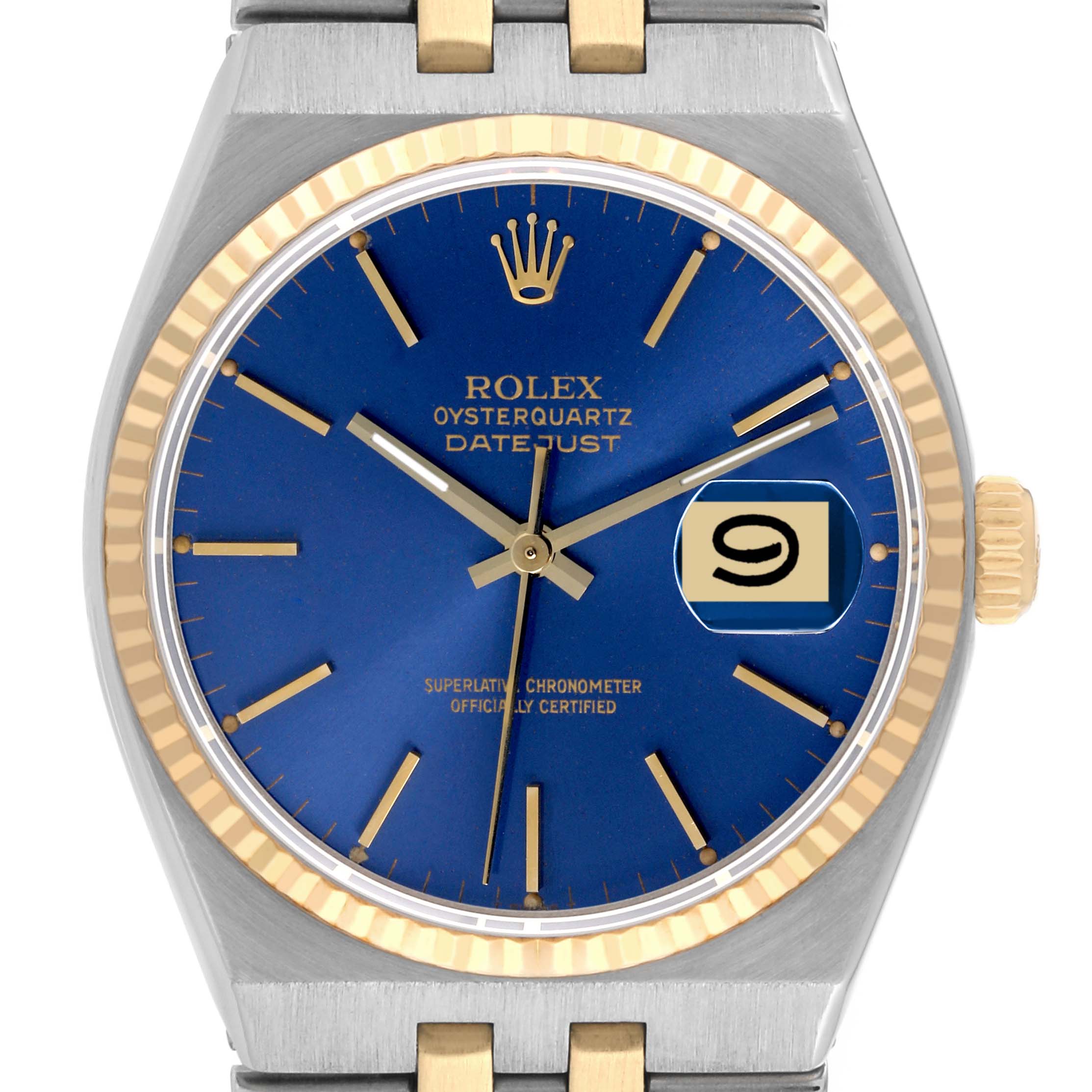 The Rolex Oysterquartz 17013 Men's Steel and Gold (two tone) Blue Dial 17013 Men's Steel and Gold (two tone) Blue Dial watch is shown from the front, displaying the blue dial, gold hands, date window, and part of the bracelet.