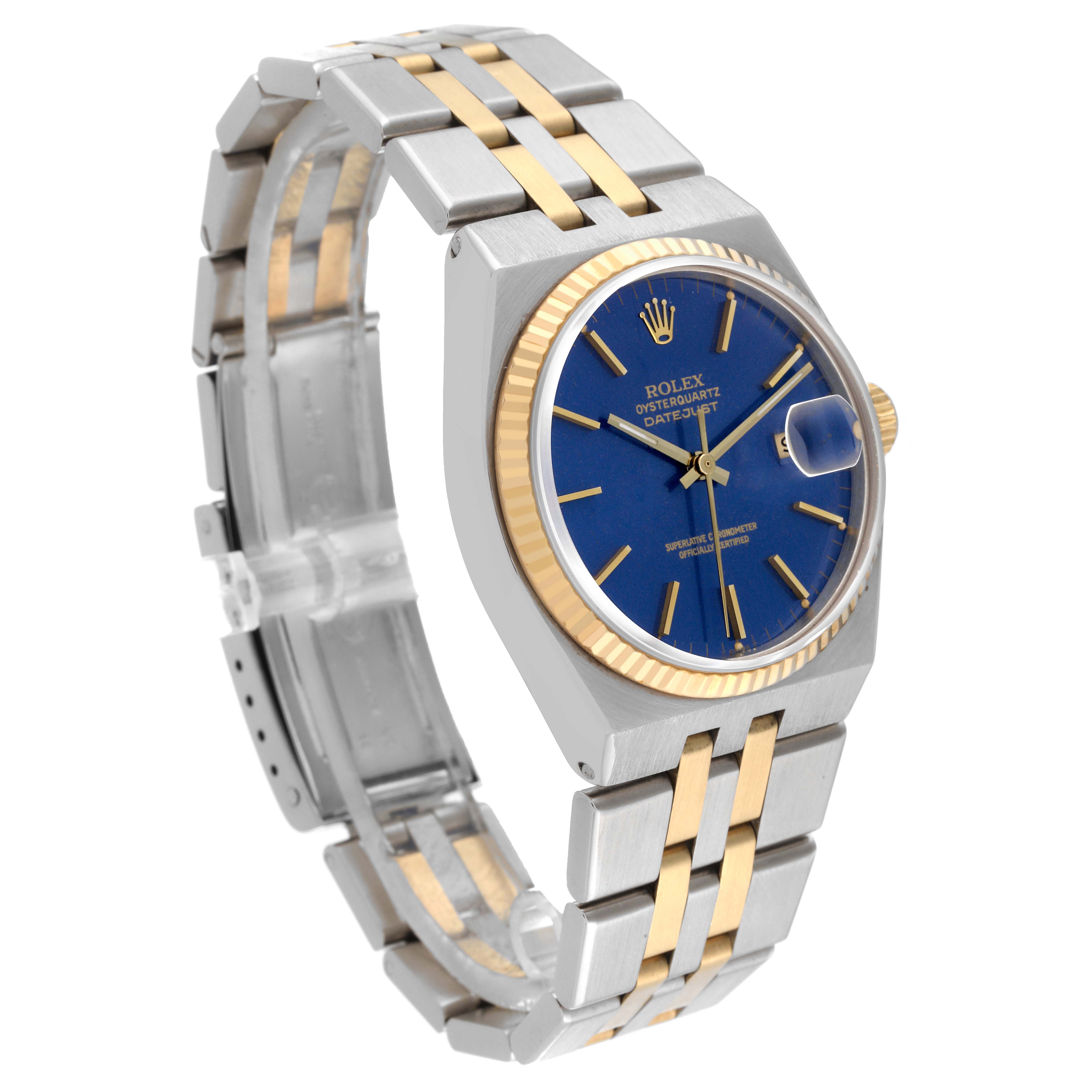The Rolex Oysterquartz 17013 Men's Steel and Gold (two tone) Blue Dial 17013 Men's Steel and Gold (two tone) Blue Dial watch is shown at a slight angle, displaying the bracelet, bezel, dial, and crown.