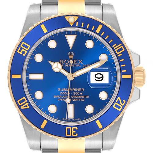 This image shows a frontal view of a Rolex Submariner 116613 Men's Steel and Gold (two tone) Blue Dial 116613 Men's Steel and Gold (two tone) Blue Dial watch, highlighting the blue bezel, dial, and gold accents.