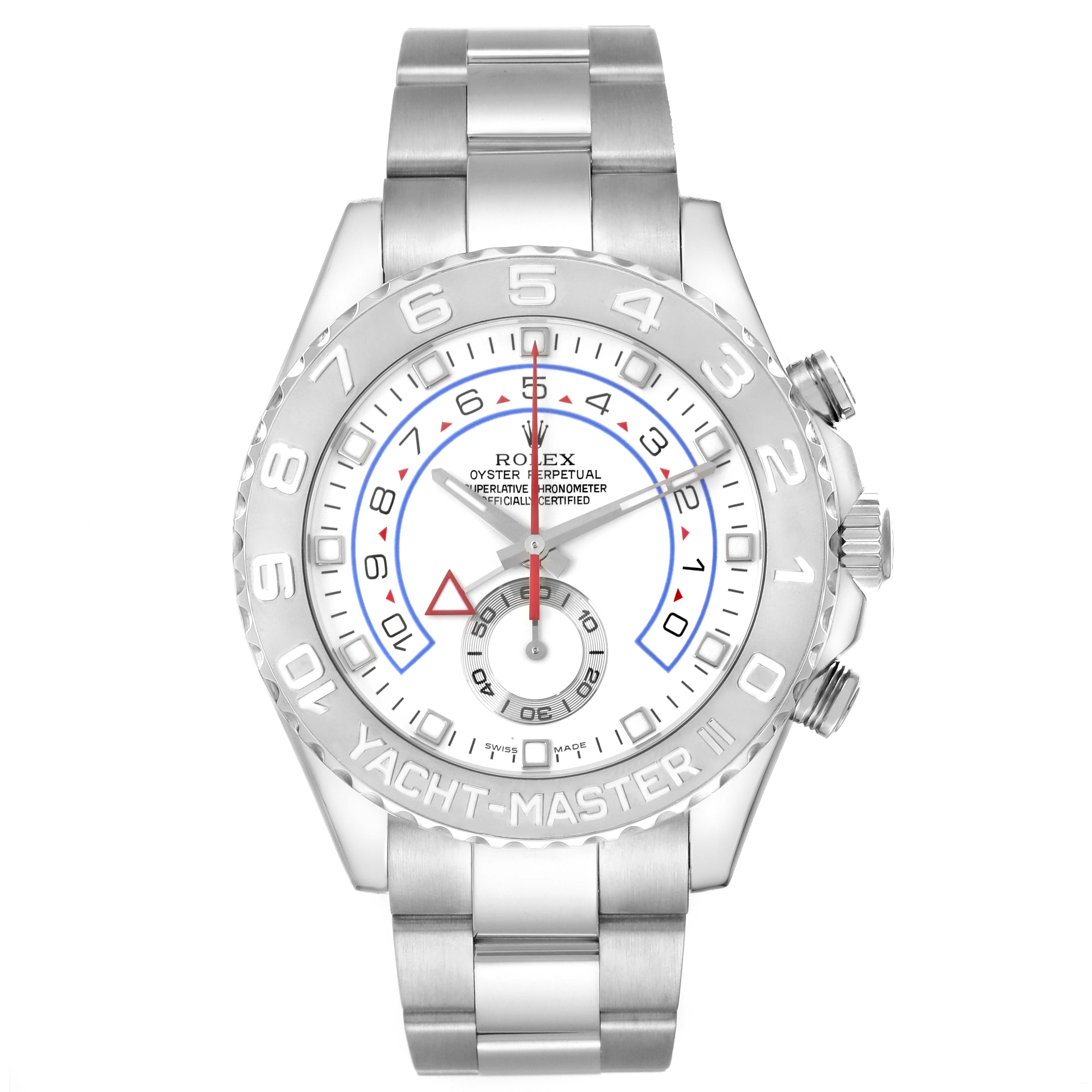 This image shows a front view of a Rolex Yacht-Master 116689 Men's White Gold Silver Dial 116689 Men's White Gold Silver Dial watch, displaying its dial, bezel, and bracelet.