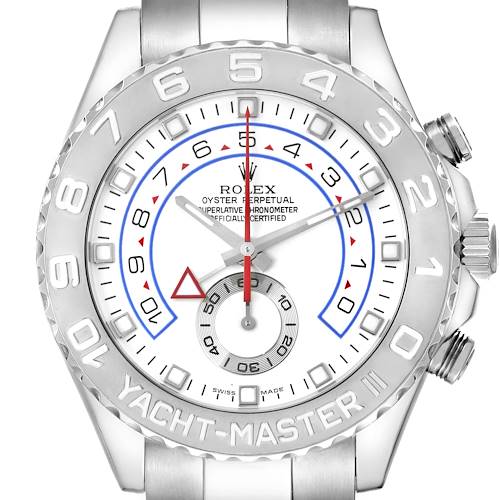 This is a front view of the Rolex Yacht-Master 116689 Men's White Gold Silver Dial 116689 Men's White Gold Silver Dial model, showing the dial, bezel, hands, and part of the bracelet.