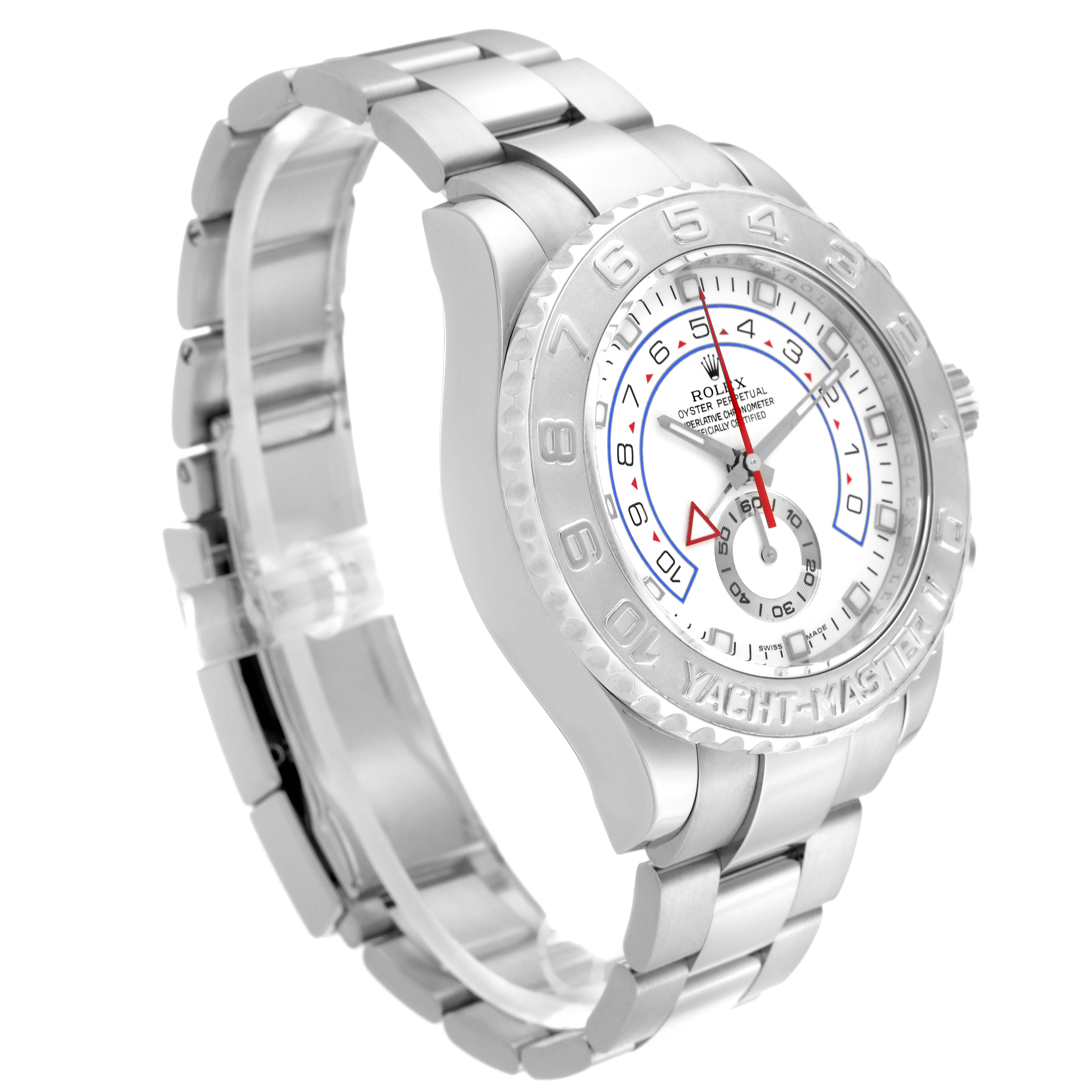 The image shows a Rolex Yacht-Master 116689 Men's White Gold Silver Dial 116689 Men's White Gold Silver Dial watch from a front-left angle, clearly displaying the bezel, face, and partially the bracelet.