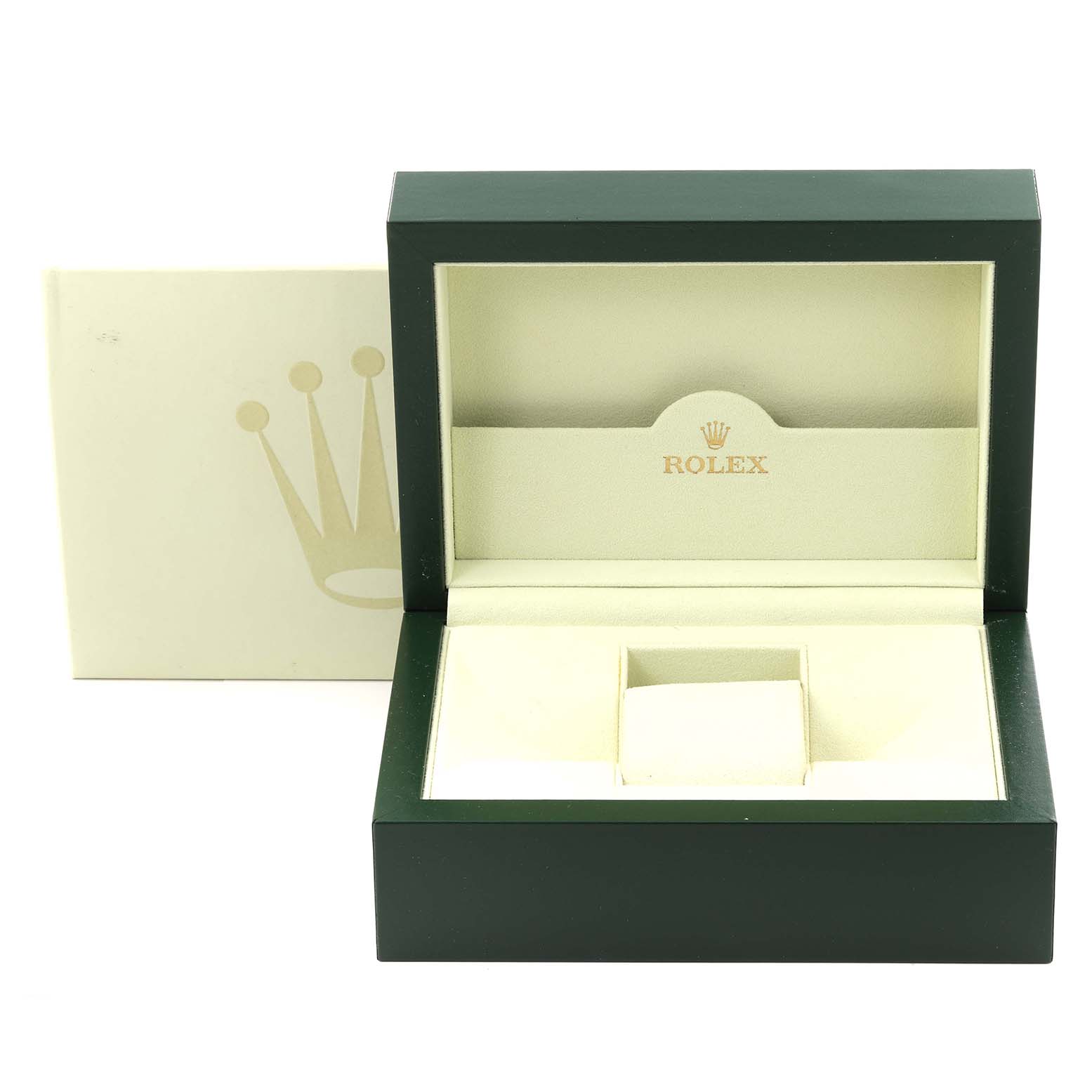This image shows an open Rolex Yacht-Master 116689 Men's White Gold Silver Dial 116689 Men's White Gold Silver Dial watch box, with the lid and cushion compartment visible.