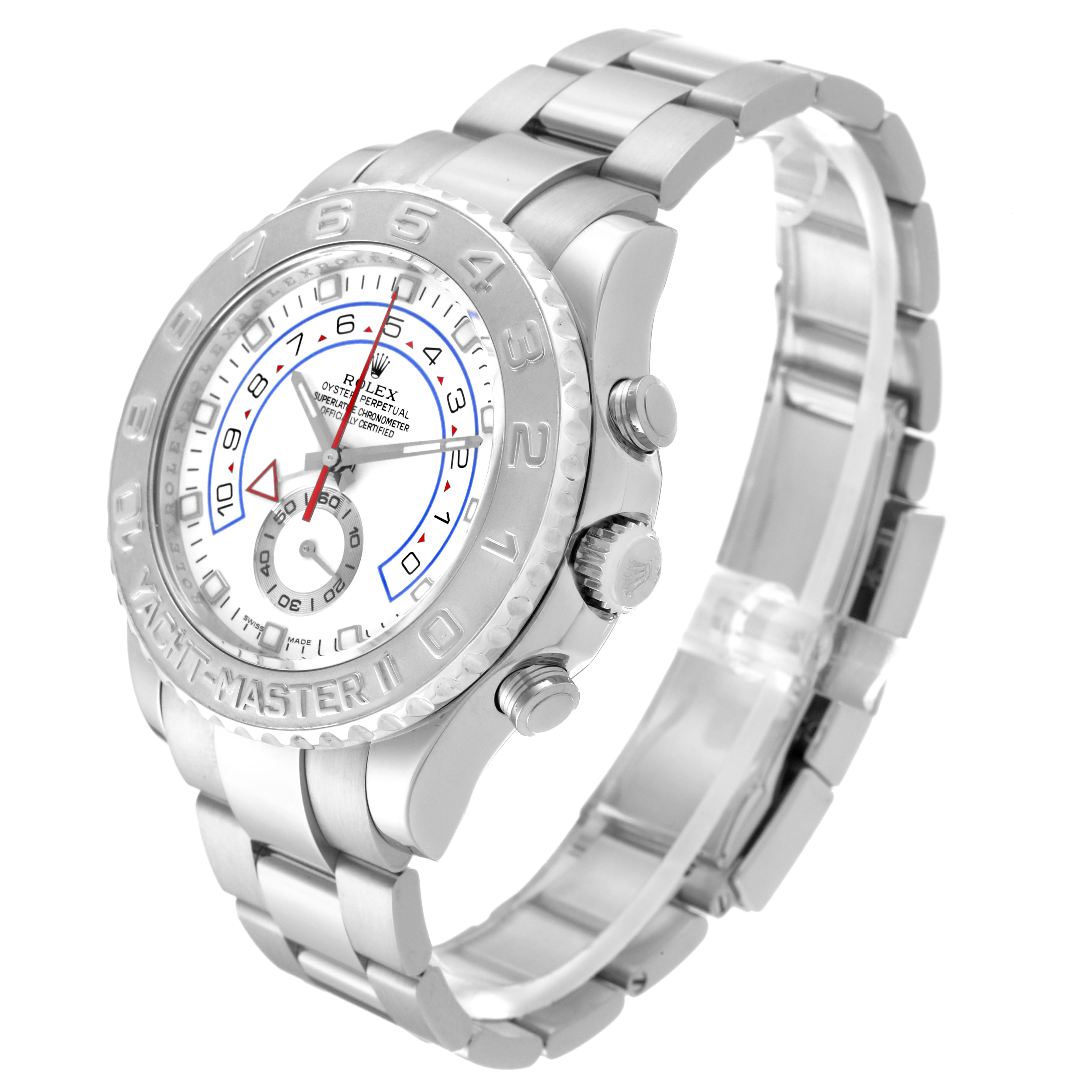 The image shows a Rolex Yacht-Master 116689 Men's White Gold Silver Dial 116689 Men's White Gold Silver Dial watch at a side angle, highlighting its bracelet, bezel, and dial.