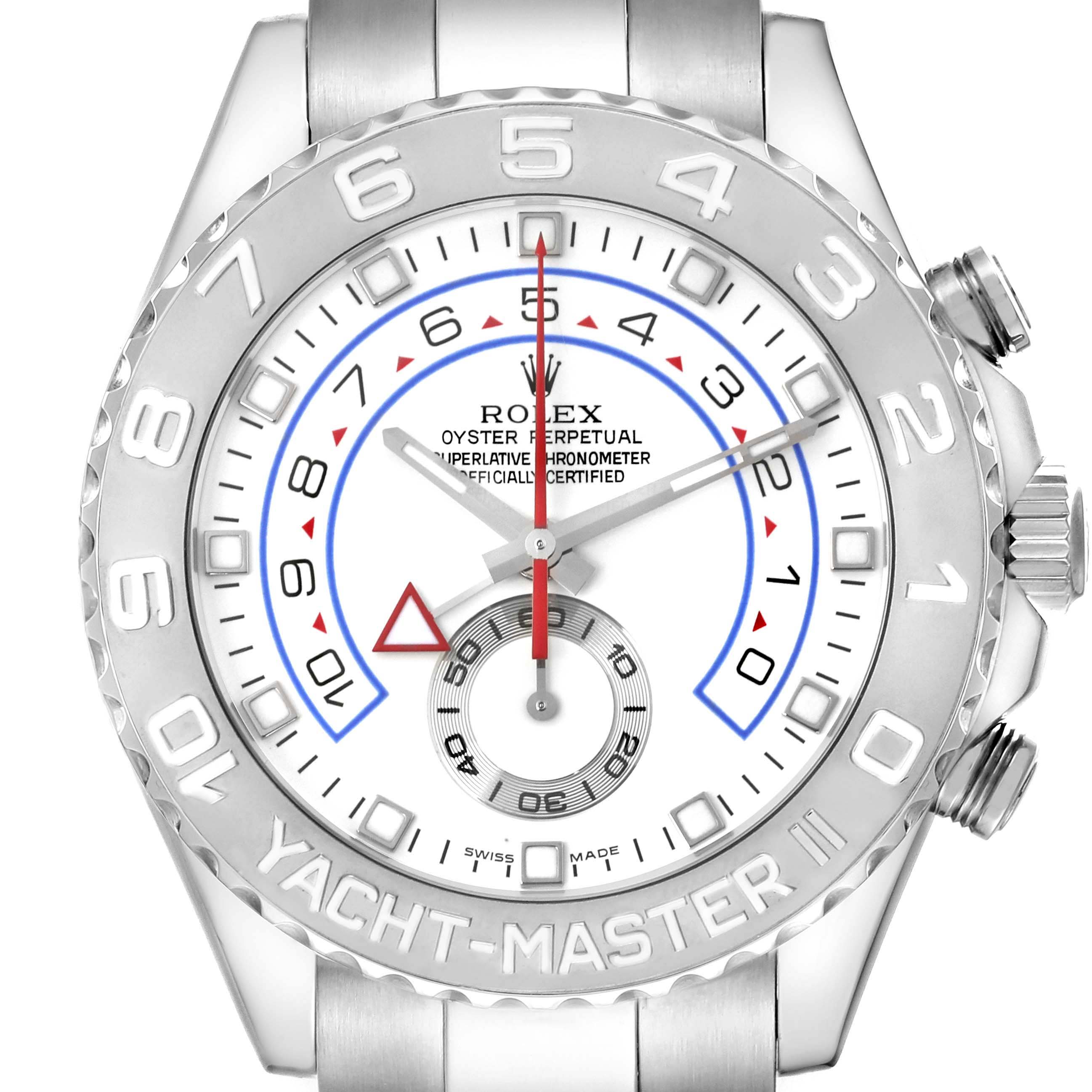 The image shows a front view of the dial and bezel of the Rolex Yacht-Master 116689 Men's White Gold Silver Dial 116689 Men's White Gold Silver Dial model watch.