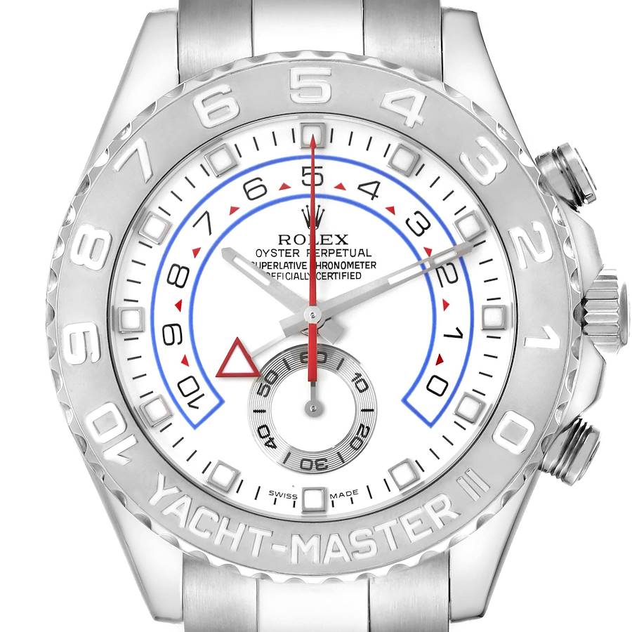 The image shows a front view of the dial and bezel of the Rolex Yacht-Master 116689 Men's White Gold Silver Dial 116689 Men's White Gold Silver Dial model watch.