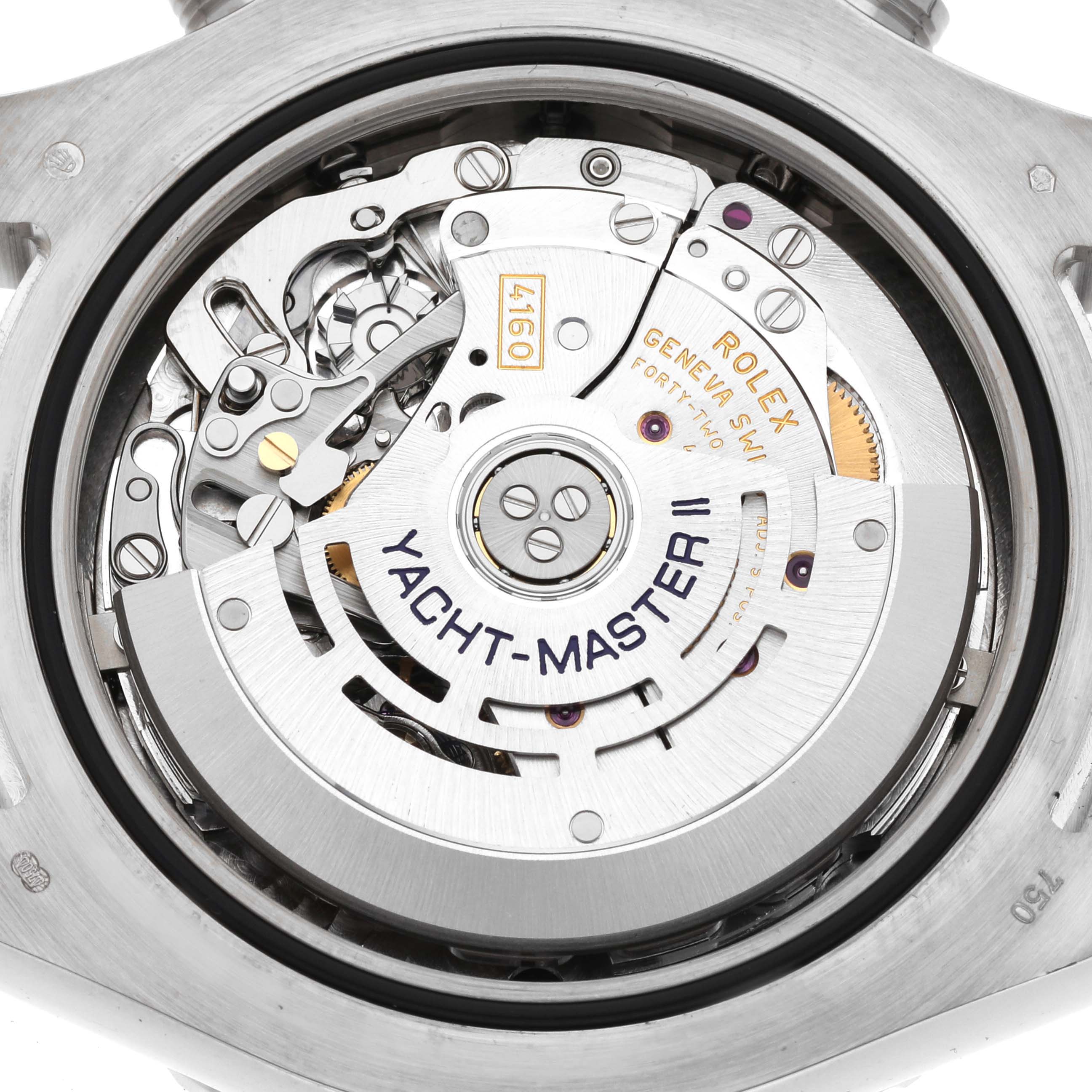This image shows the internal mechanism and rotor of a Rolex Yacht-Master 116689 Men's White Gold Silver Dial 116689 Men's White Gold Silver Dial II watch from a rear angle.