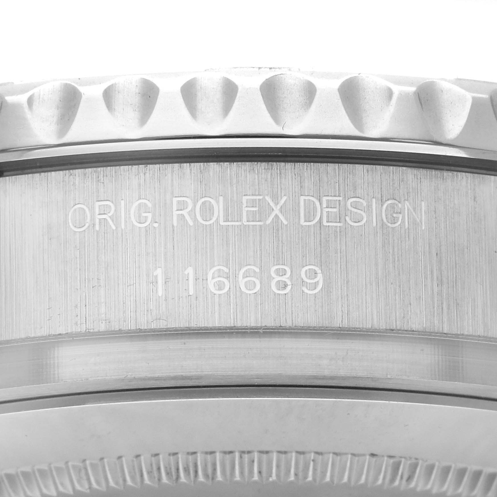 This image shows a close-up of the side casing and bezel of a Rolex Yacht-Master 116689 Men's White Gold Silver Dial 116689 Men's White Gold Silver Dial watch, displaying the engraved design and model number.