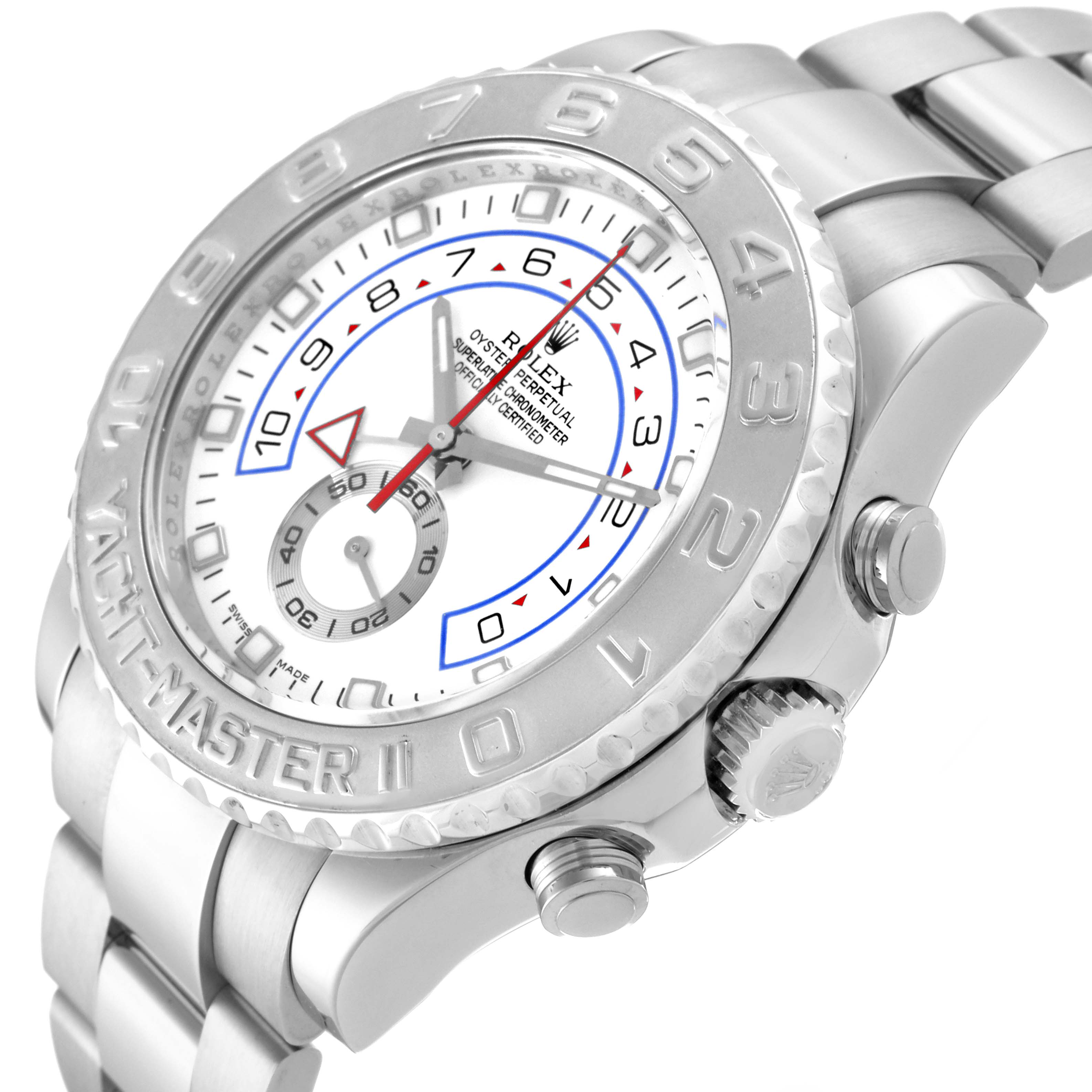 The image shows a side angle of the Rolex Yacht-Master 116689 Men's White Gold Silver Dial 116689 Men's White Gold Silver Dial II, highlighting the bezel, crown, and part of the bracelet.