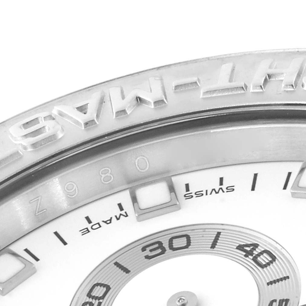 The close-up image shows the bezel, part of the dial, and engraving details of a Rolex Yacht-Master 116689 Men's White Gold Silver Dial 116689 Men's White Gold Silver Dial watch.