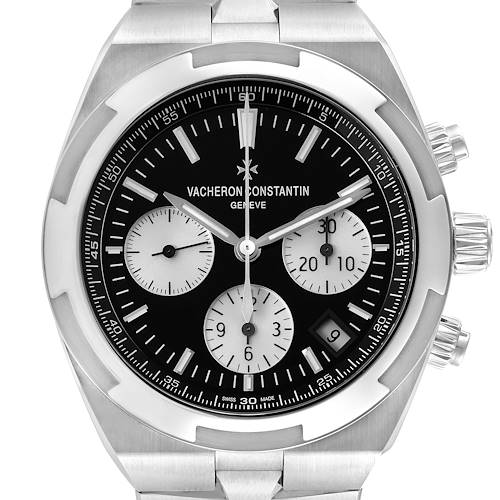The image shows a front view of the Vacheron Constantin Overseas 5500V/110A-B481 Men's Stainless Steel Black Dial 5500V/110A-B481 Men's Stainless Steel Black Dial model watch, featuring its dial, chronograph subdials, and part of the bracelet.