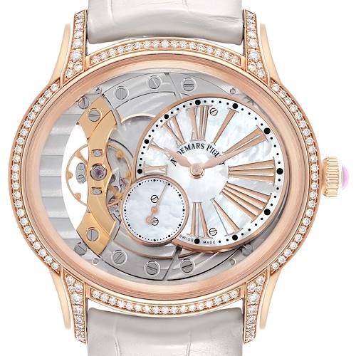 The Audemars Piguet Millenary 77247OR Women's Rose Gold Transparent Dial watch is shown from a front angle, highlighting its openwork dial, rose gold case, and diamond accents.