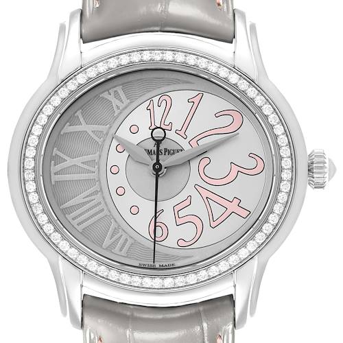 The Audemars Piguet Millenary 77301ST Women's Stainless Steel Grey Dial watch is shown from a front angle, highlighting the dial with mixed numeral styles and a gem-studded bezel.