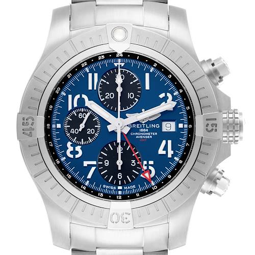 The Breitling Avenger A24315 Men's Stainless Steel Blue Dial watch is shown from the front, displaying its blue dial, chronograph subdials, and stainless steel case.