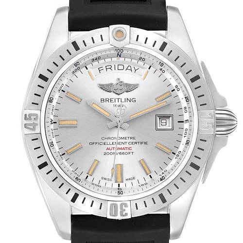 The Breitling Galactic A45320 Men's Stainless Steel Silver Dial watch is shown from the front, highlighting its dial, hands, date window, and bezel.