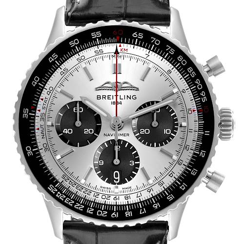 The Breitling Navitimer AB0138 Men's Stainless Steel Silver Dial is shown from the front, displaying the dial, bezel, chronograph subdials, and crown.