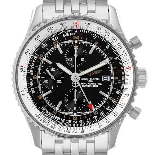 The Breitling Navitimer A24322 Men's Stainless Steel Black Dial watch is shown from the front, highlighting its dial, bezel, chronograph subdials, and bracelet.
