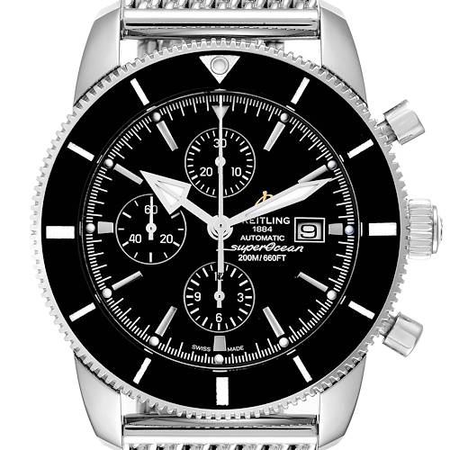 The Breitling Superocean A13312 Men's Stainless Steel Black Dial watch is shown from a frontal angle, highlighting its dial, bezel, crown, and lugs.