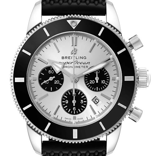 This image shows a front view of the Breitling Superocean AB0162 Men's Stainless Steel Silver Dial AB0162 Men's Stainless Steel Silver Dial watch, highlighting its bezel, dial, subdials, and crown.