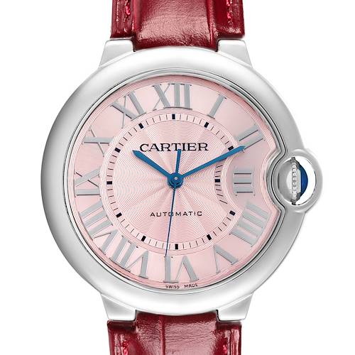 The Cartier Ballon Bleu WSBB0007 Women's Stainless Steel Pink Dial watch is shown from a front angle, highlighting the dial, Roman numerals, and red leather strap.
