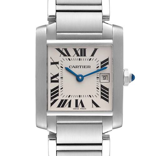 The image shows a close-up, front view of a Cartier Tank Française watch featuring its dial, case, and strap.