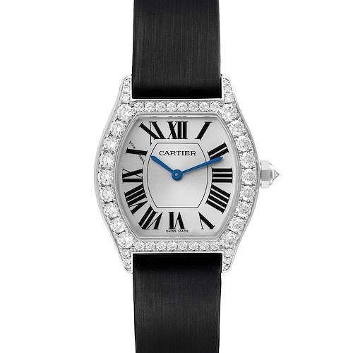 The Cartier Tortue WA507231 Women's White Gold Silver Dial WA507231 Women's White Gold Silver Dial watch is shown from a front angle, highlighting the face, bezel, strap, and crown.
