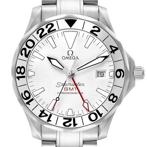 The Omega Seamaster 2538.20.00 Men's Stainless Steel White Dial watch is shown from a front angle, highlighting the face, bezel, crown, and part of the bracelet.