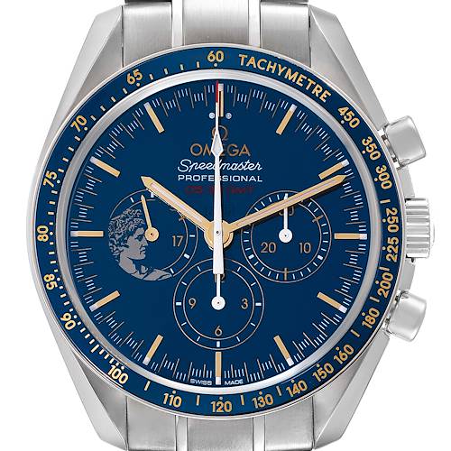 The Omega Speedmaster 311.30.42.30.03.001 Men's Stainless Steel Blue Dial 311.30.42.30.03.001 Men's Stainless Steel Blue Dial watch is shown from the front, highlighting its blue dial, subdials, tachymeter bezel, and metal bracelet.