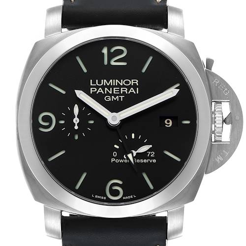 The Panerai Luminor PAM00321 Men's Stainless Steel Black Dial watch is displayed from the front, showing its face, crown guard, and strap attachment.