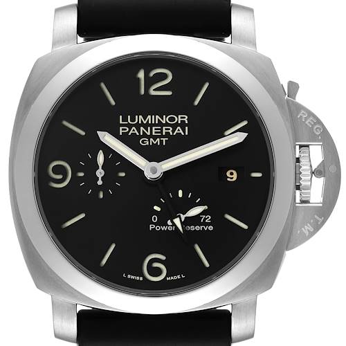 The image shows a front view of a Panerai Luminor PAM00321 Men's Stainless Steel Black Dial PAM00321 Men's Stainless Steel Black Dial GMT watch, highlighting its dial, numerals, and crown guard.