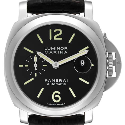 This image shows a front view of the Panerai Luminor PAM00104 Men's Stainless Steel Black Dial PAM00104 Men's Stainless Steel Black Dial Marina watch, detailing the dial, hands, numerals, and crown protector.